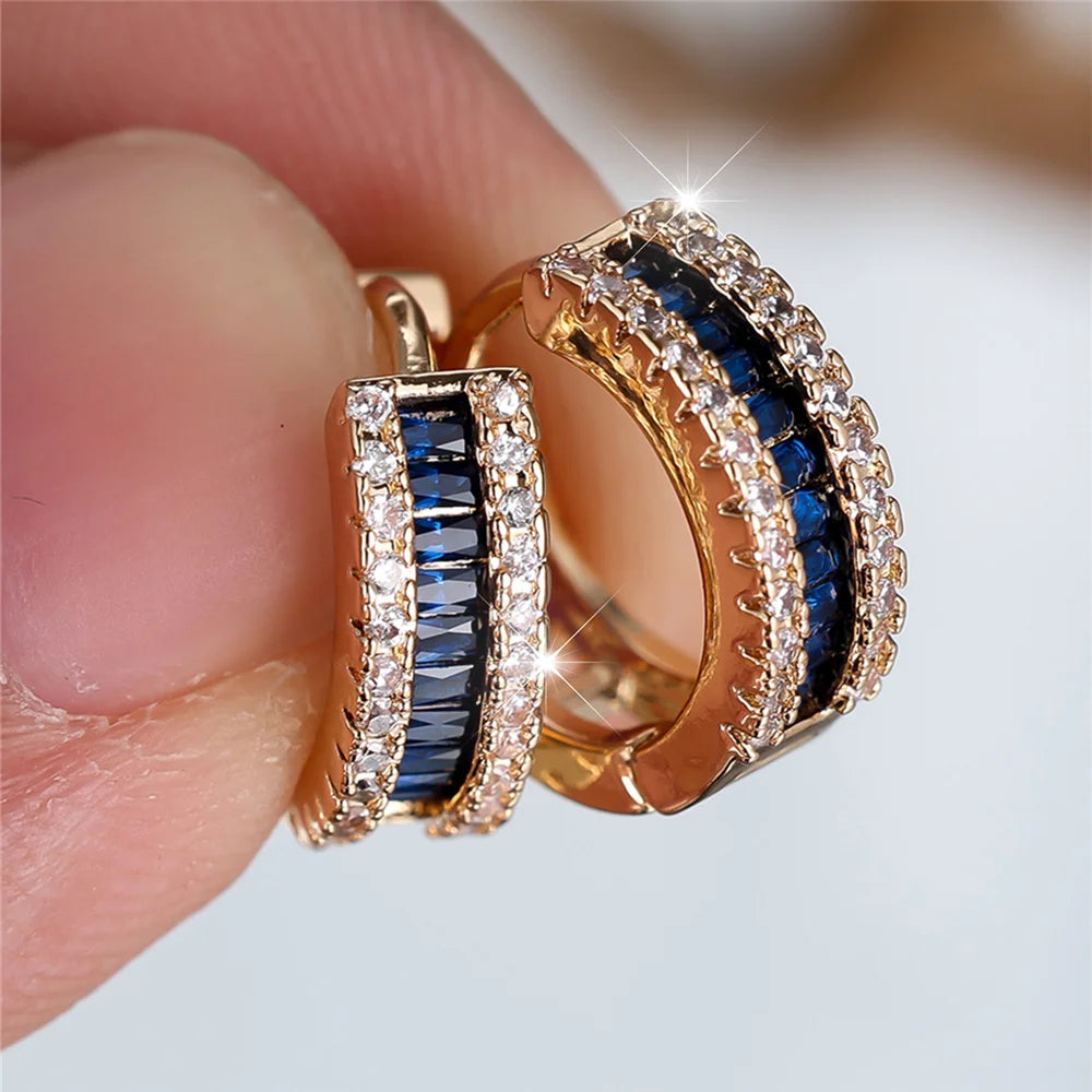 Schattige Vrouwelijke Witte Blauwe Zirkoon Steen Ronde Oorringen Mode Vrouwelijke Gouden Kleur Bruiloft Sieraden Voor Vrouwen