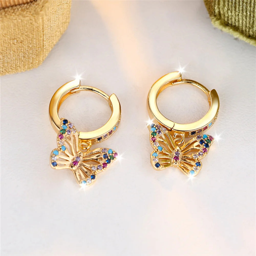 Leuke vrouwelijke kleurrijke vlinder ronde zirkoon steen hoepel oorbellen goud kleur unieke vriendin geschenken bruiloft sieraden voor vrouwen
