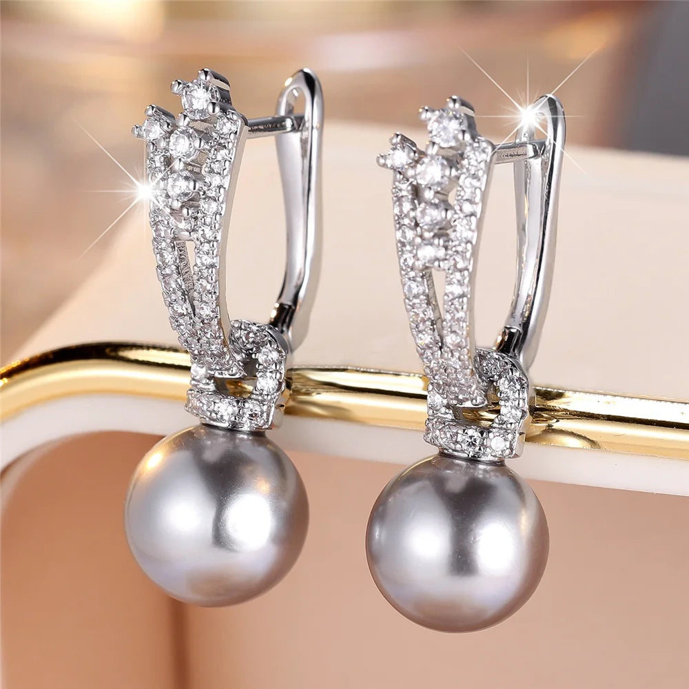 Luxe vrouwelijke witte parel steen hoepel oorbellen mode zilveren kleur bruiloft sieraden voor vrouwen