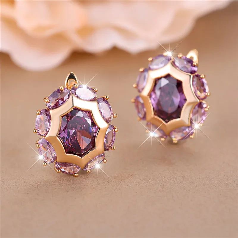 Luxe Vrouwelijke Paarse Zirkoon Steen Clip Oorbellen Charme Goud Kleur Bruiloft Sieraden Voor Vrouwen
