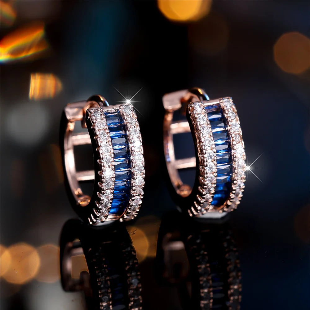 Schattige Vrouwelijke Witte Blauwe Zirkoon Steen Ronde Oorringen Mode Vrouwelijke Gouden Kleur Bruiloft Sieraden Voor Vrouwen