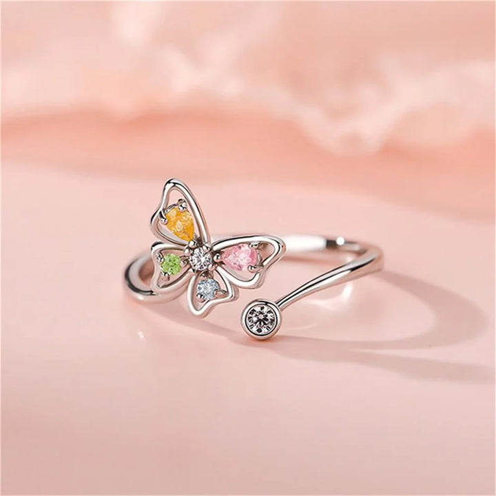 Charme Vrouwelijke Regenboog Kristal Verstelbare Vlinder Open Ring Zilver Kleur Leuke Gift Bruiloft Sieraden Voor Vrouwen