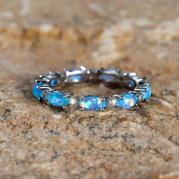 Boho Vrouwelijke Kleine Ovale Stenen Ring Mode Rose Goud Zilver Kleur Trouwringen Voor Vrouwen Blauw Wit Vuur Opaal Verlovingsring