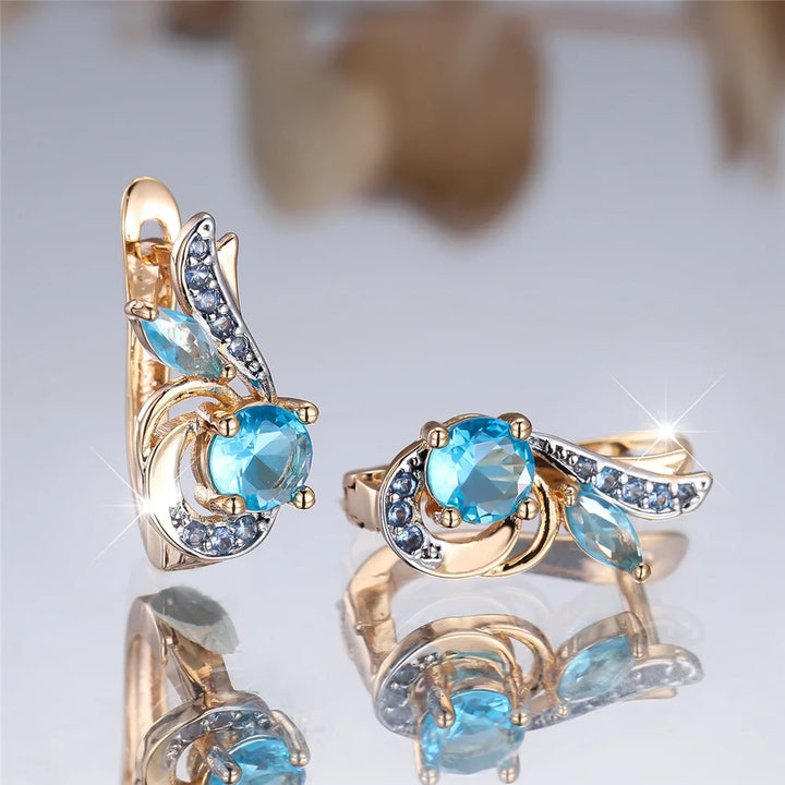 Charme Vrouwelijke Water Blauw Kristal Zirkoon Steen Hoepel Oorbellen Goud Kleur Eenvoudige Bruiloft Sieraden Voor Vrouwen
