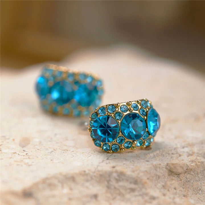 Elegante Vrouwelijke Blauwe Strass Clip Oorbellen 2024 Trend Gouden Kleur Bruiloft Sieraden Voor Vrouwen