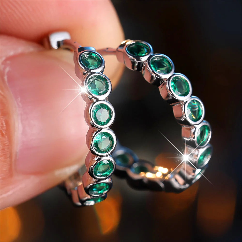 Kristal Groen Blauw Zwart Paars Ronde Zirkoon Steen Hoepel Oorbellen Voor Vrouwen Mode Vrouwelijke Zilveren Kleur Bruiloft Sieraden