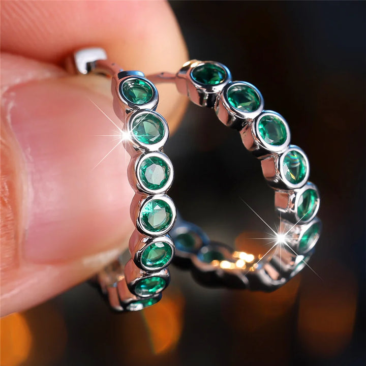Kristal Groen Blauw Zwart Paars Ronde Zirkoon Steen Hoepel Oorbellen Voor Vrouwen Mode Vrouwelijke Zilveren Kleur Bruiloft Sieraden