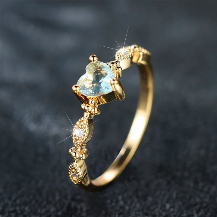 Schattige Vrouwelijke Waterblauwe Zirkoon Stenen Ring Trendy Geel Goud Kleur Hart Verloving Bruid Bruiloft Sieraden Voor Vrouwen