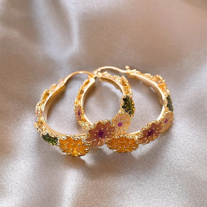 Charm Female Rainbow Enamel Flower Hoop Earrings Gold Color Simple Round Wedding Jewelry For Women
