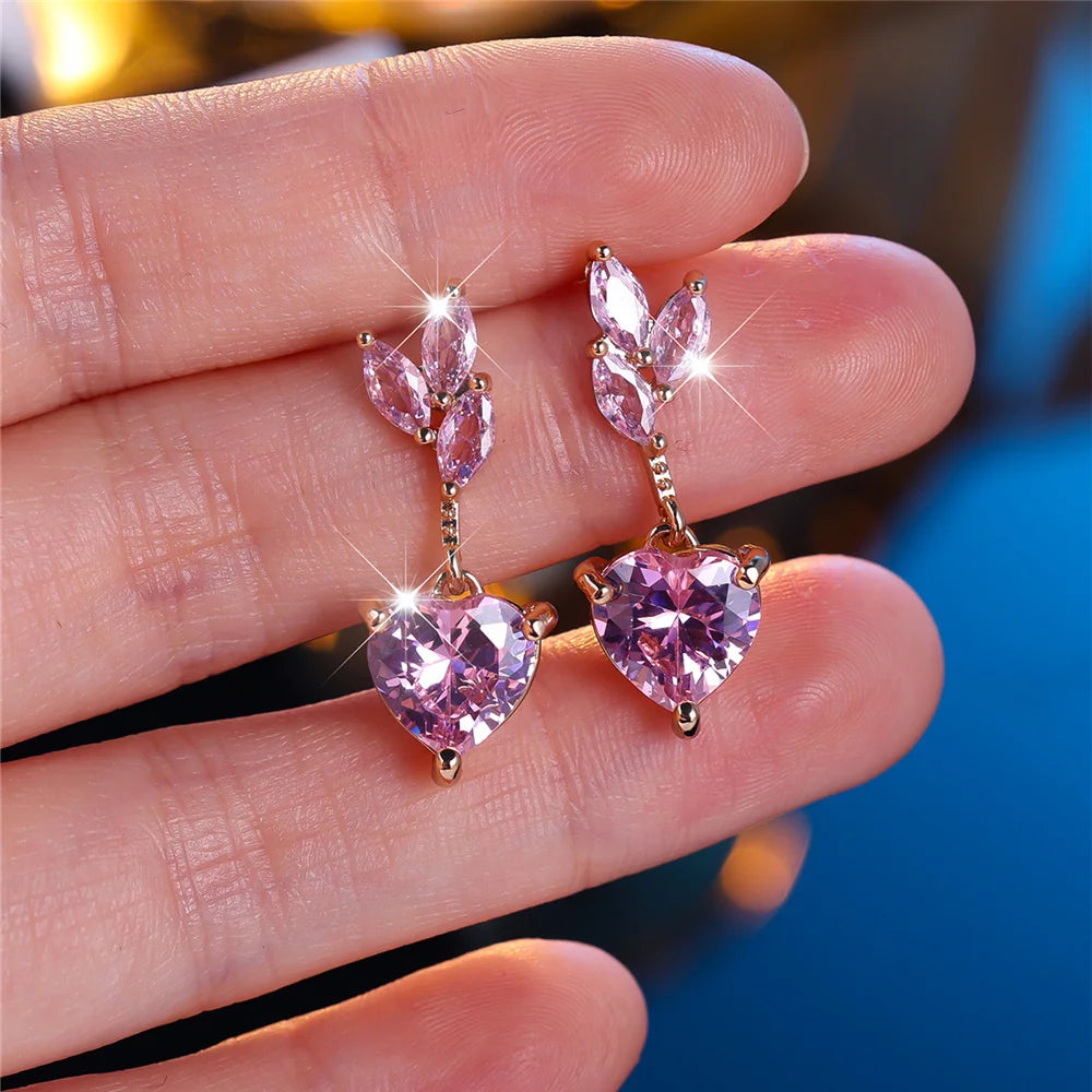 Bedel Vrouwelijke Roze Hart Boom Blad Zirkoon Steen Stud Oorbellen Goud Kleur Sierlijk Cadeau Bruiloft Sieraden Voor Vrouwen