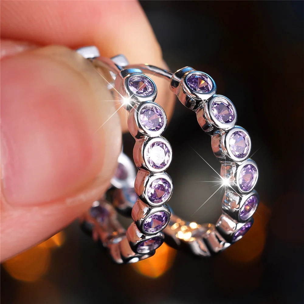 Kristal Groen Blauw Zwart Paars Ronde Zirkoon Steen Hoepel Oorbellen Voor Vrouwen Mode Vrouwelijke Zilveren Kleur Bruiloft Sieraden