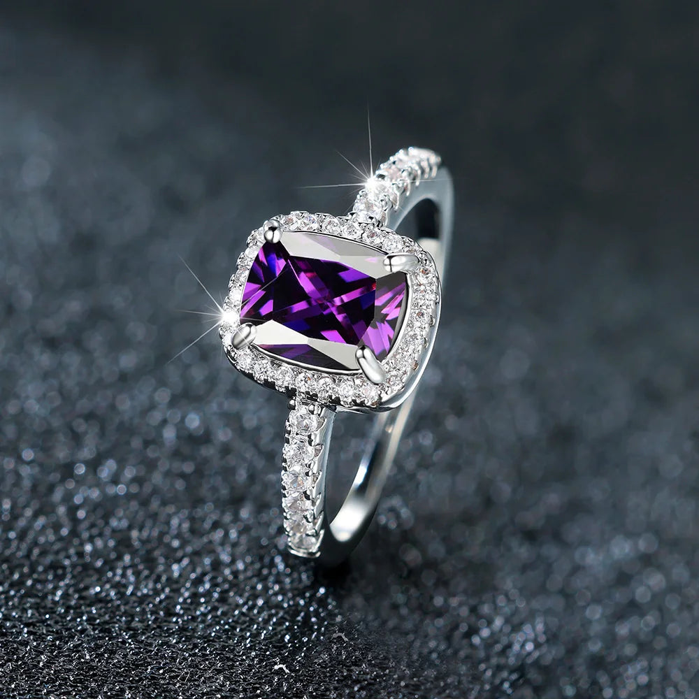 Luxe vrouwelijke paarse zirkoon steen verlovingsring charme zilveren kleur bruiloft sieraden voor vrouwen