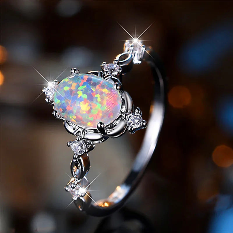 Leuke vrouwelijke witte ovale opaal stenen verlovingsring trendy zilveren kleur bruid bruiloft sieraden cadeau voor vrouwen