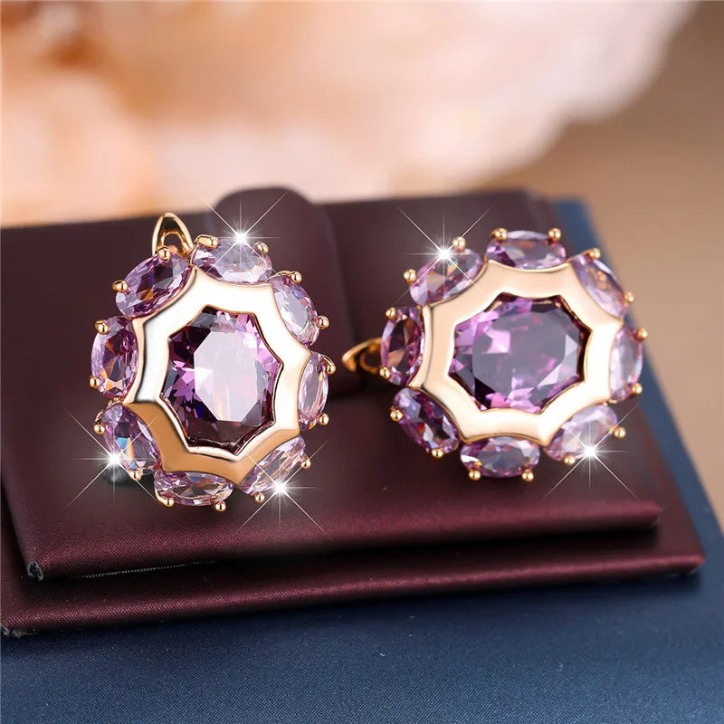 Luxe Vrouwelijke Paarse Zirkoon Steen Clip Oorbellen Charme Goud Kleur Bruiloft Sieraden Voor Vrouwen