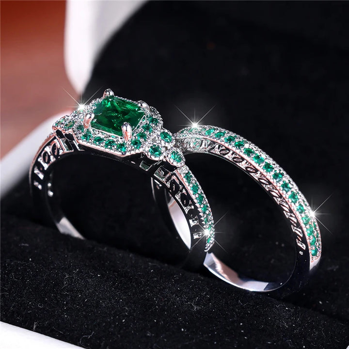 Luxe Vrouwelijke Groene Zirkoon Steen Verlovingsring Set Schattige Zilveren Kleur Bruiloft Sieraden Voor Vrouwen