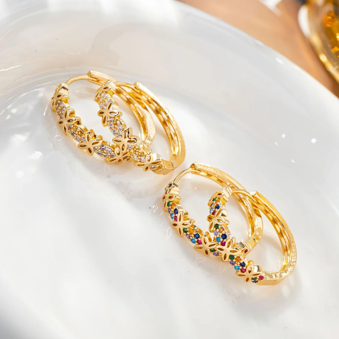 Statement Vrouwelijke Regenboog Bloem Zirkoon Steen Oorringen Luxe Glod Kleur Bruiloft Sieraden Voor Vrouwen