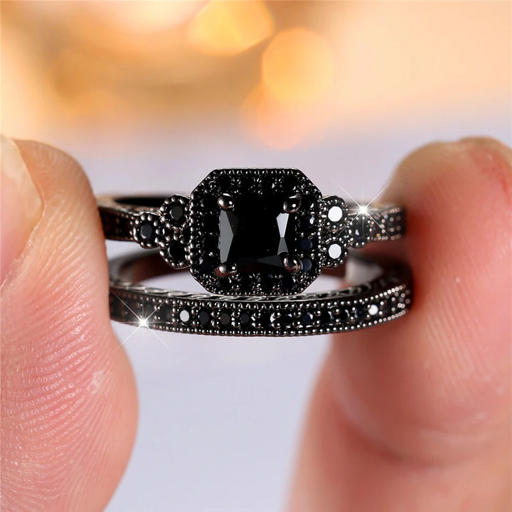 Midnight Promise | Black Square Crystal Ring Set