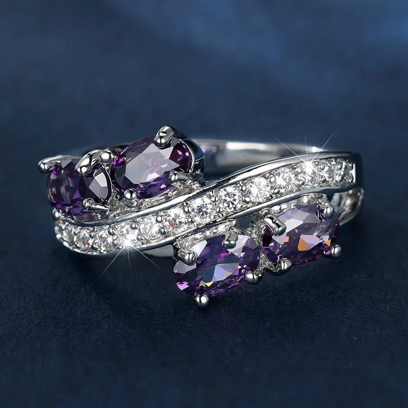 Elegante Vrouwelijke Kristal Paars Ovale Zirkoon Steen Verlovingsring Schattige Bruiloft Sieraden Voor Vrouwen