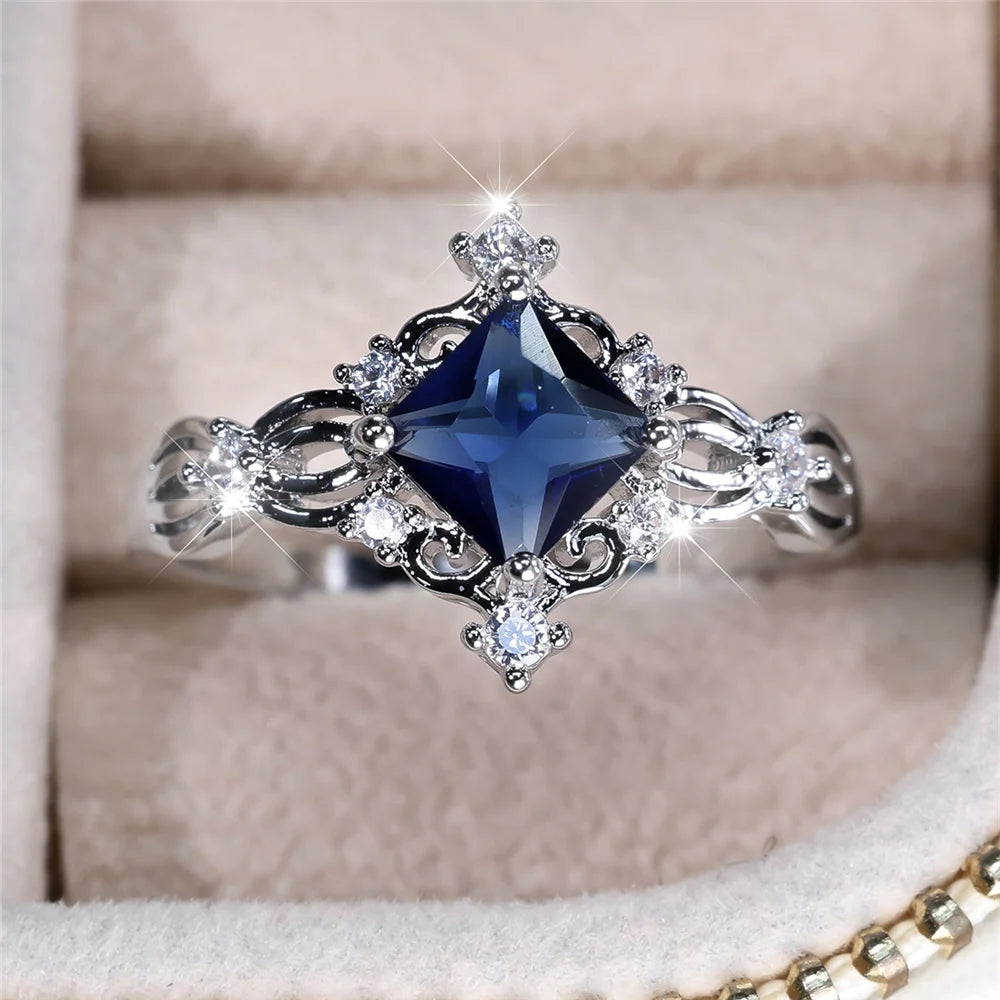 Bedel Vrouw Blauw Wit Vierkant Rond Zirkoon Stenen Ring Zilver Kleur Sierlijk Cadeau Feest Bruiloft Sieraden Voor Vrouwen