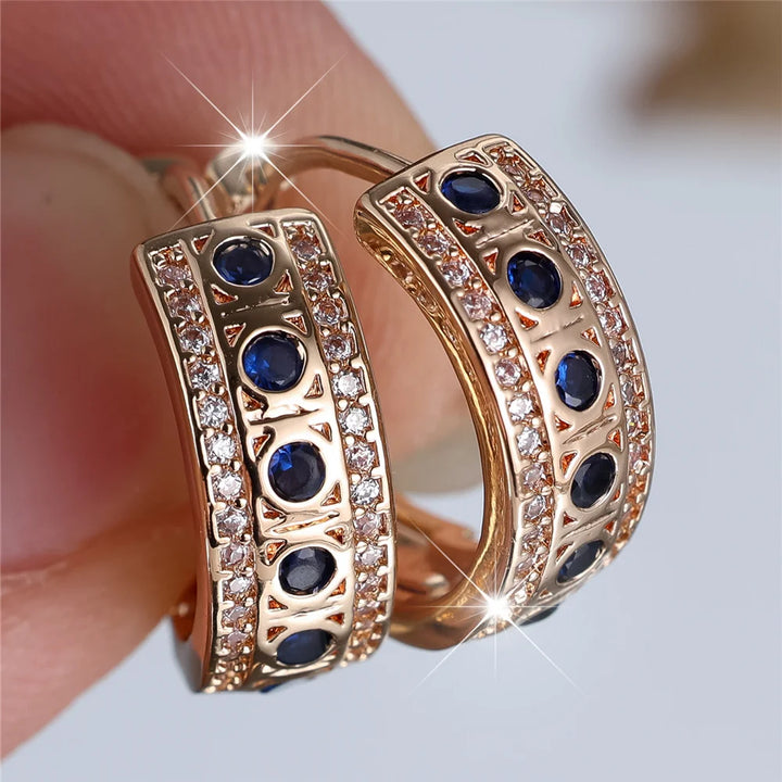 Leuke Vrouwelijke Blauwe Ronde Zirkoon Steen Hoepel Oorbellen Mode Gouden Kleur Bruiloft Sieraden Voor Vrouwen