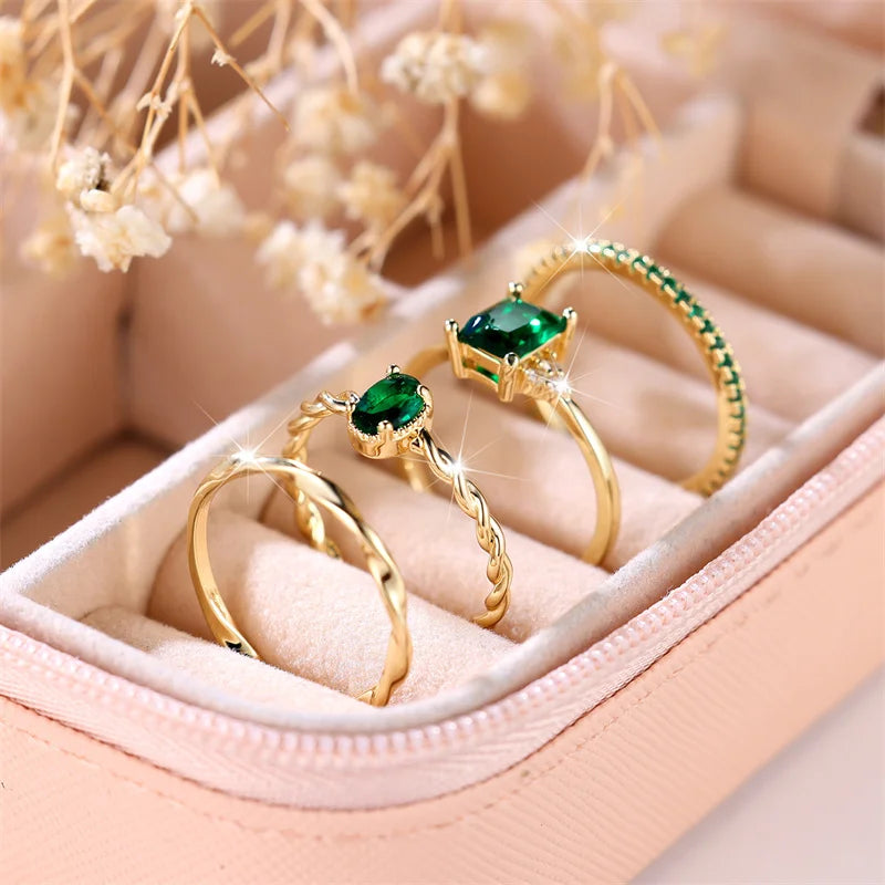 4 stks Vrouwelijke Groene Zirkoon Stenen Ring Set Trendy Geel Goud Kleur Engagement Leuke Bruid Bruiloft Sieraden Cadeau Voor Vrouwen