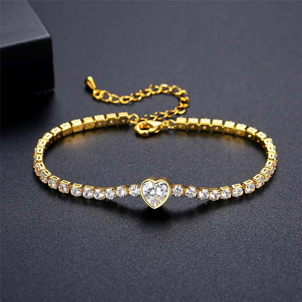 Charme Vrouwelijke Witte Zirkoon Steen Ronde Vierkante Hart Armband Schattige Gouden Kleur Verstelbare Bruiloft Sieraden Voor Vrouwen