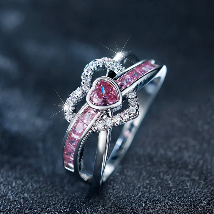 Schattige Vrouwelijke Roze Zirkoon Stenen Ring Trendy Zilveren Kleur Hart Verloving Bruiloft Sieraden Cadeau