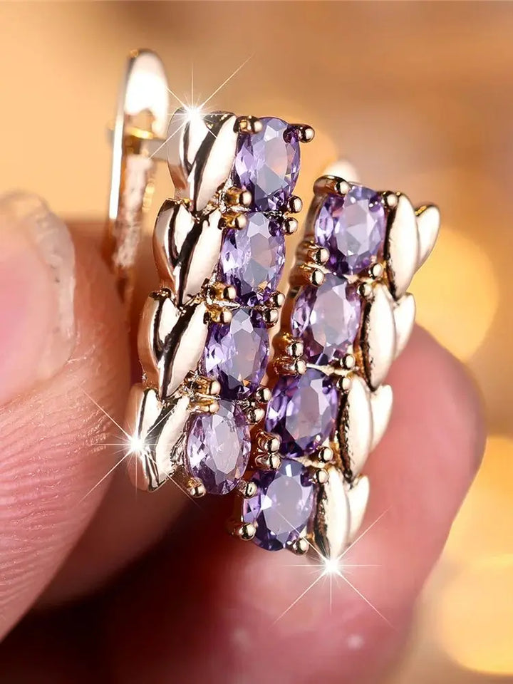 Charme Vrouwelijke Paarse Kristal Zirkoon Steen Tarwe Hoepel Oorbellen Goud Kleur Eenvoudige Bruiloft Sieraden Voor Vrouwen