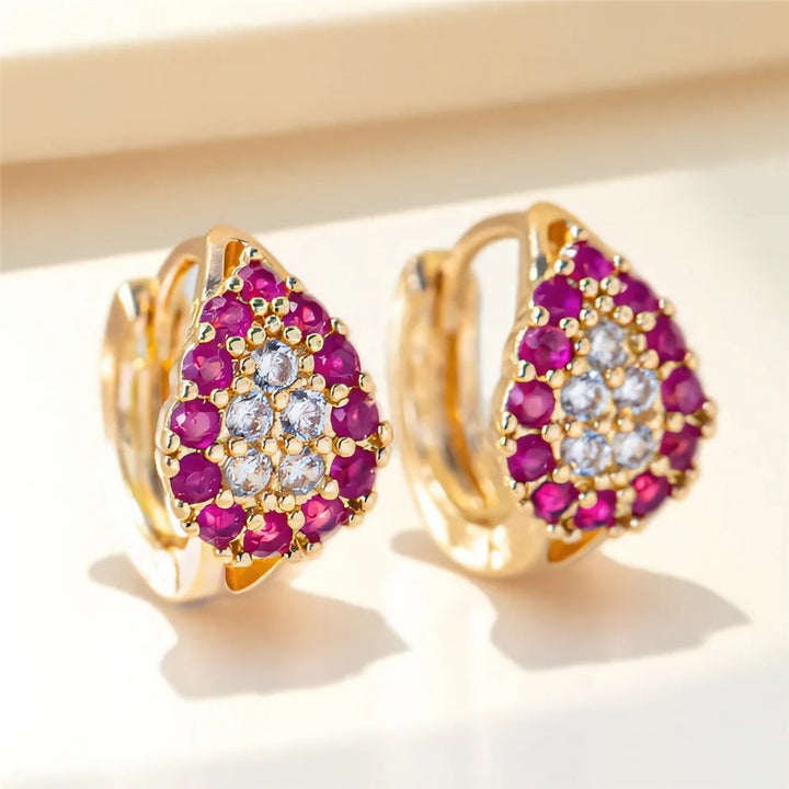 Charme Vrouwelijke Rose Rode Zirkoon Steen Hoepel Oorbellen Luxe Gouden Kleur Bruiloft Sieraden Voor Vrouwen