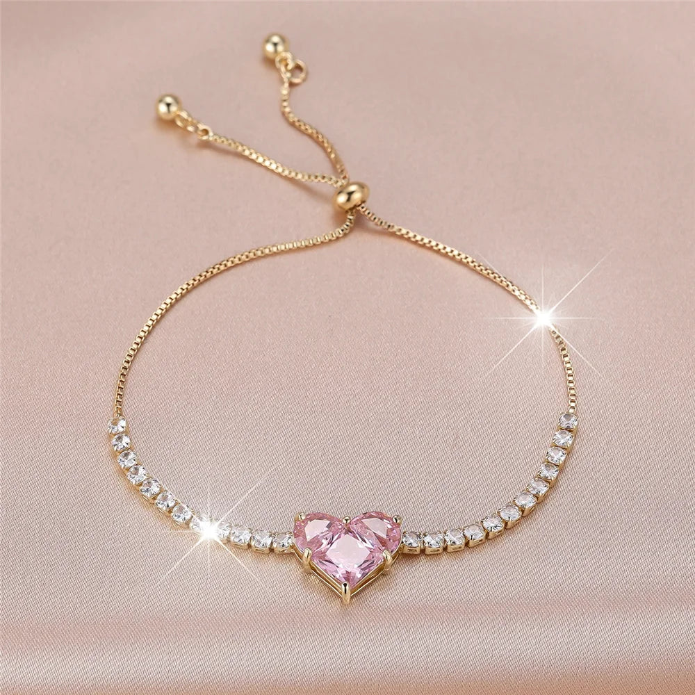 Charme Vrouwelijke Roze Witte Zirkoon Steen Liefde Hart Armband Leuke Zilver Goud Kleur Verstelbare Bruiloft Sieraden Voor Vrouwen
