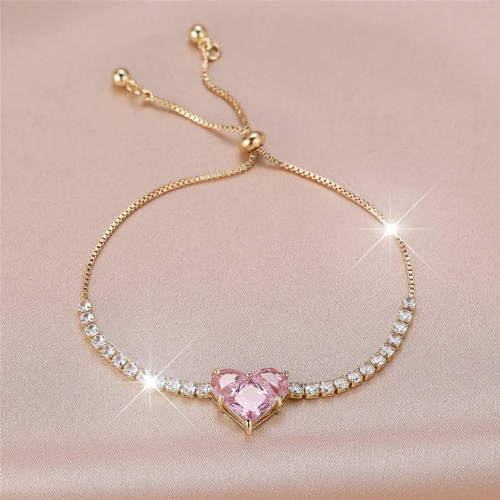 Charme Vrouwelijke Roze Witte Zirkoon Steen Liefde Hart Armband Leuke Zilver Goud Kleur Verstelbare Bruiloft Sieraden Voor Vrouwen