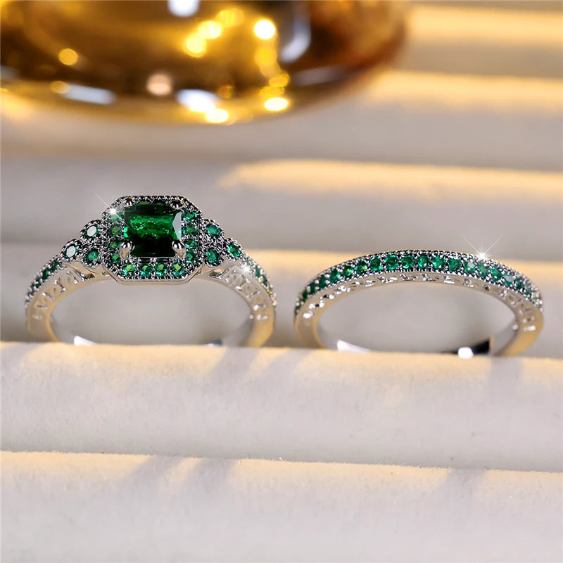 Luxe Vrouwelijke Groene Zirkoon Steen Verlovingsring Set Schattige Zilveren Kleur Bruiloft Sieraden Voor Vrouwen