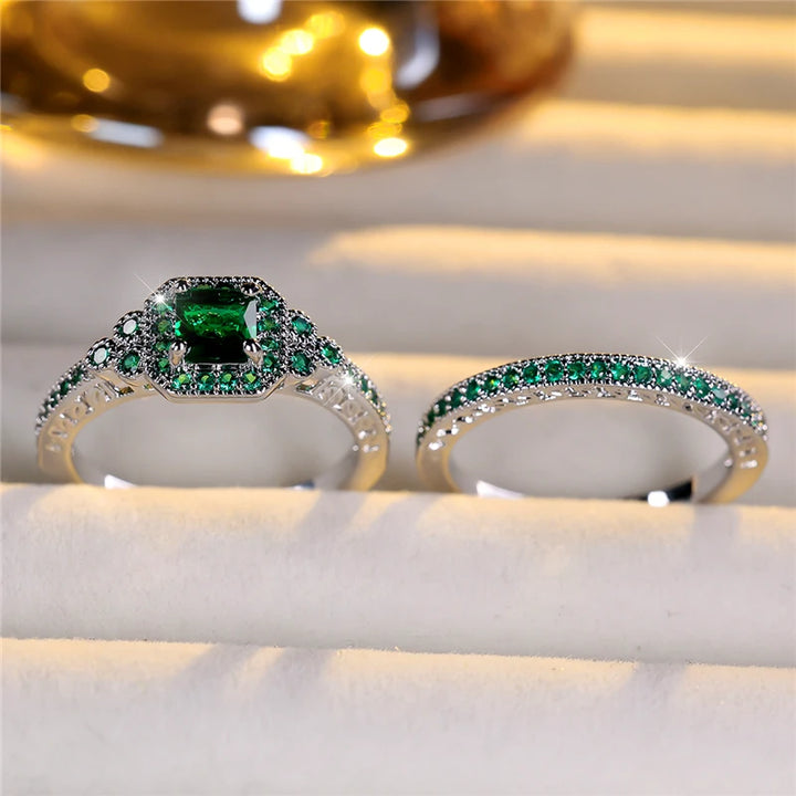 Luxe Vrouwelijke Groene Zirkoon Steen Verlovingsring Set Schattige Zilveren Kleur Bruiloft Sieraden Voor Vrouwen