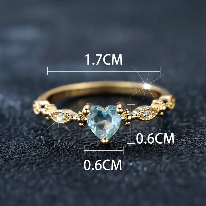 Schattige Vrouwelijke Waterblauwe Zirkoon Stenen Ring Trendy Geel Goud Kleur Hart Verloving Bruid Bruiloft Sieraden Voor Vrouwen