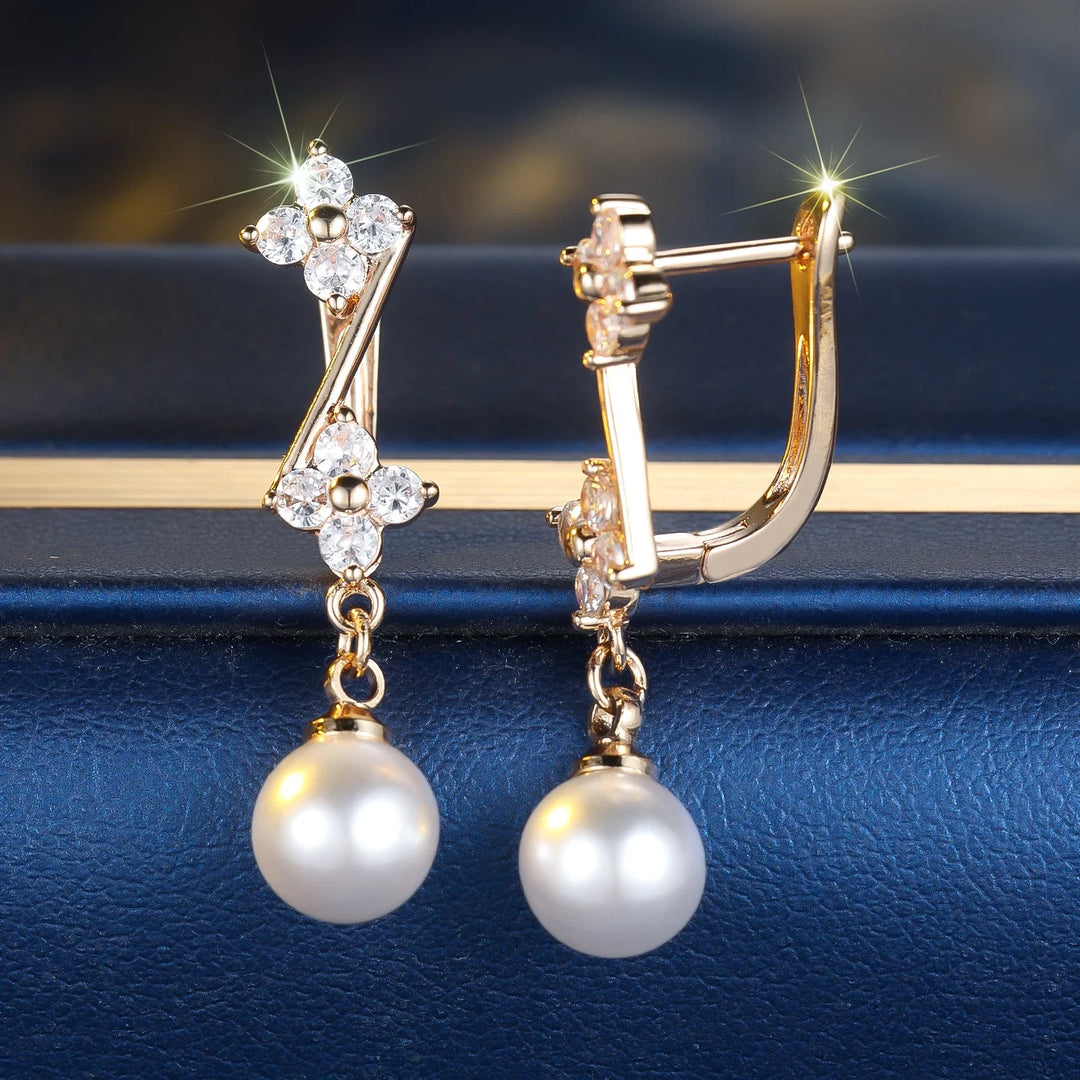Witte Parel Zirkoon Steen Bloem Hoepel Oorbellen Luxe Vrouwelijke Gouden Kleur Bruiloft Sieraden Voor Vrouwen