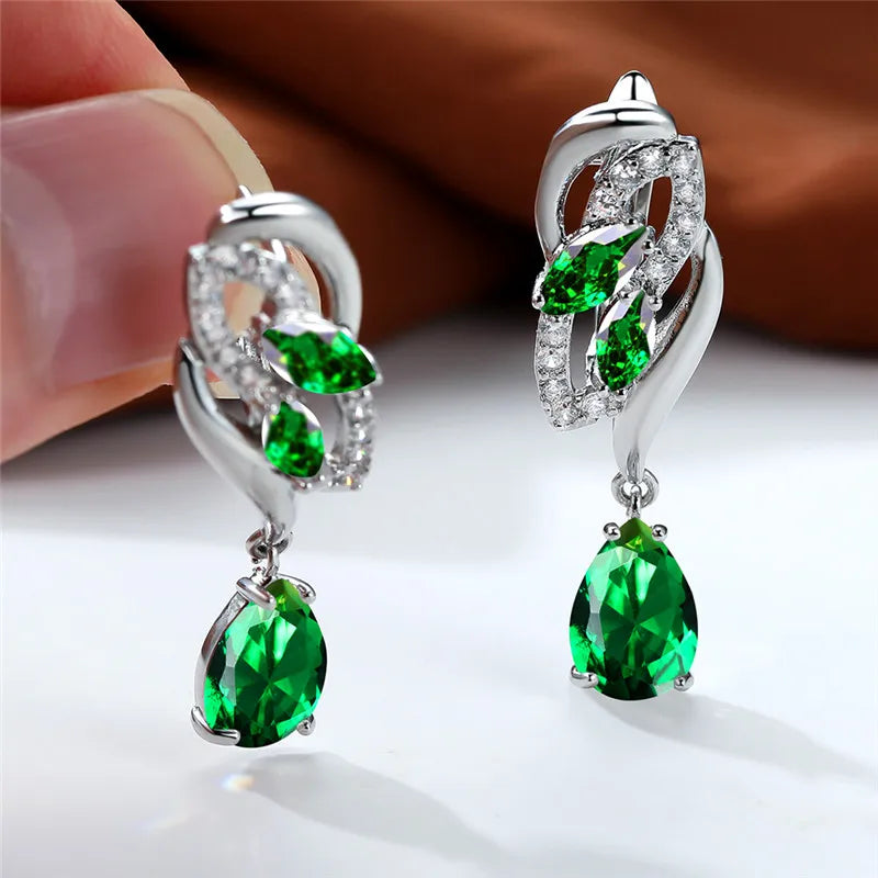 Luxe Vrouwelijke Groene Steen Zilver Kleur Clip Oorbellen Voor Vrouwen Charm Crystal Zirkoon Bruiloft Sieraden