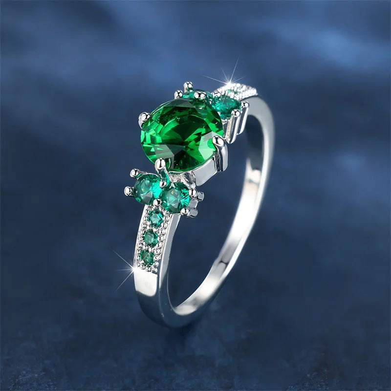 Luxe Vrouwelijke Charme Groen Roze Kristal Zilveren Kleur Ringen Voor Vrouwen Ronde Stenen Verloving Bruiloft Sieraden