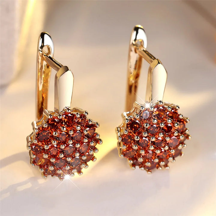 Rode Zirkoon Luxe Kristallen Zonnebloem Hoepel Oorbellen Voor Vrouwen Rose Goud Kleur Bruiloft Bloem Sieraden Verjaardagscadeau
