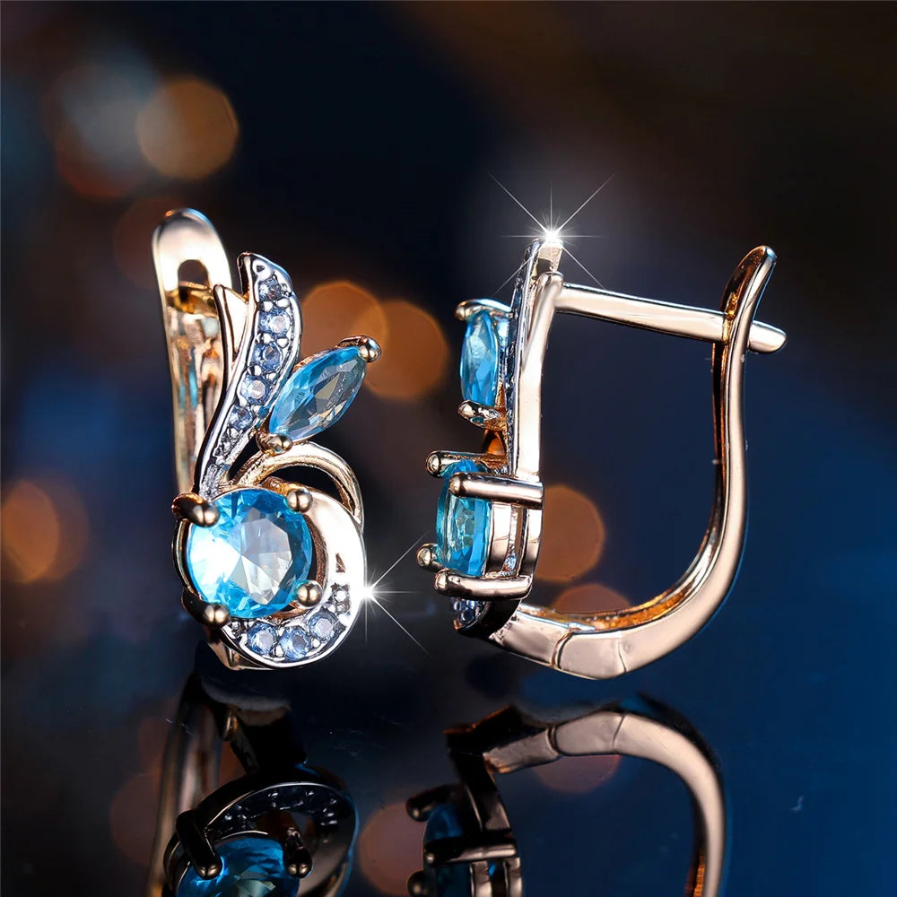 Charme Vrouwelijke Water Blauw Kristal Zirkoon Steen Hoepel Oorbellen Goud Kleur Eenvoudige Bruiloft Sieraden Voor Vrouwen