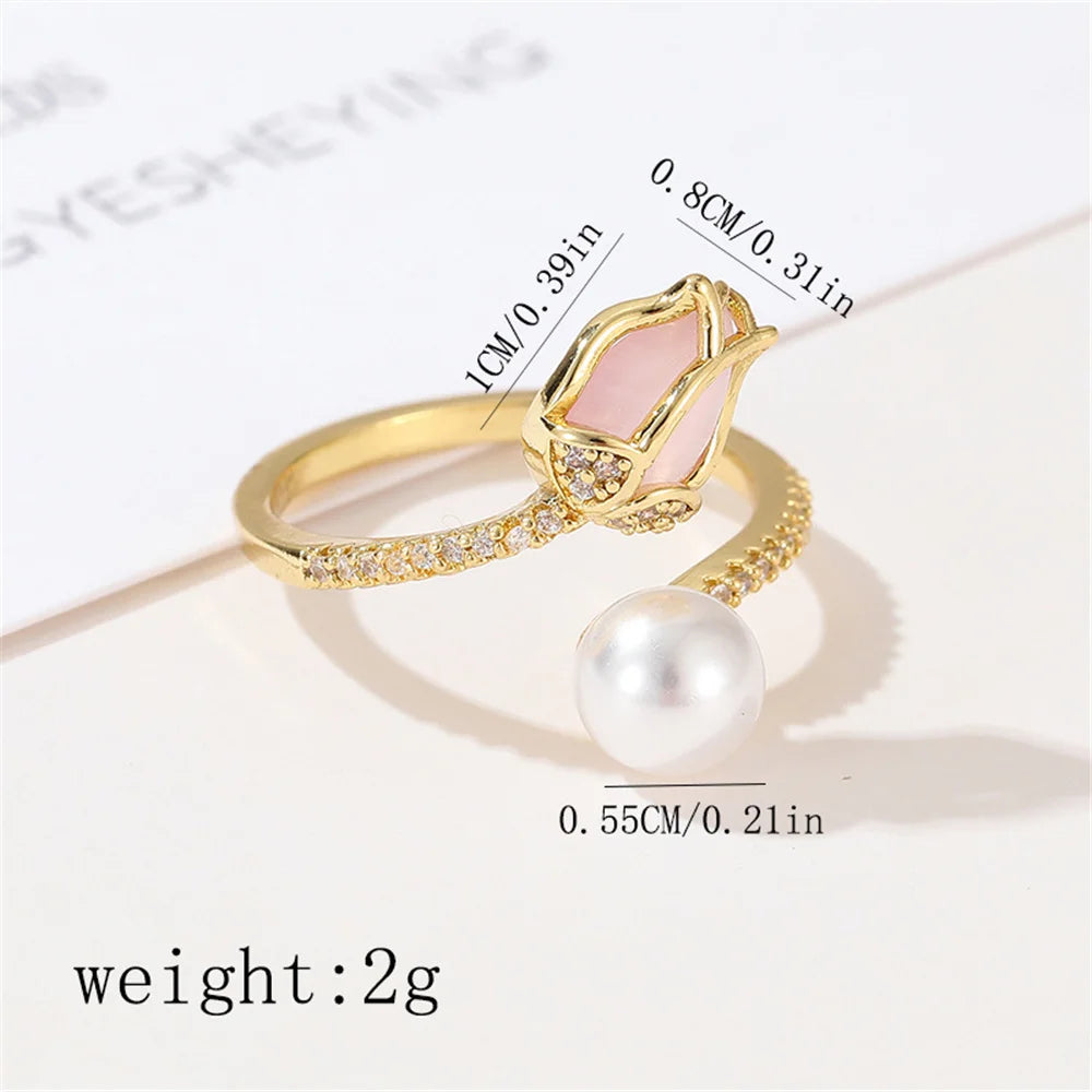 Charme Vrouwelijke Witte Parel Bloem Verstelbare Open Ring Goud Kleur Leuke Gift Bruiloft Sieraden Voor Vrouwen