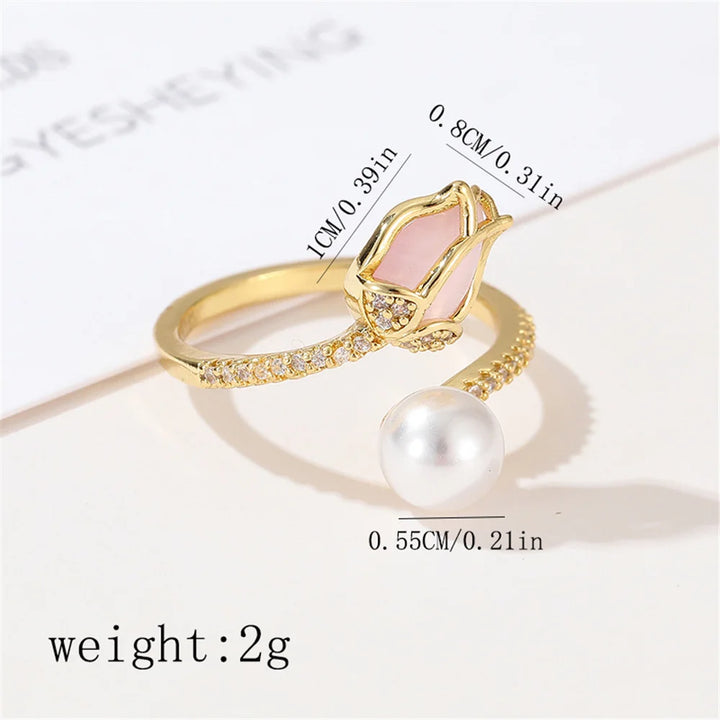 Charme Vrouwelijke Witte Parel Bloem Verstelbare Open Ring Goud Kleur Leuke Gift Bruiloft Sieraden Voor Vrouwen