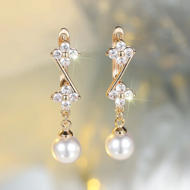 Witte Parel Zirkoon Steen Bloem Hoepel Oorbellen Luxe Vrouwelijke Gouden Kleur Bruiloft Sieraden Voor Vrouwen