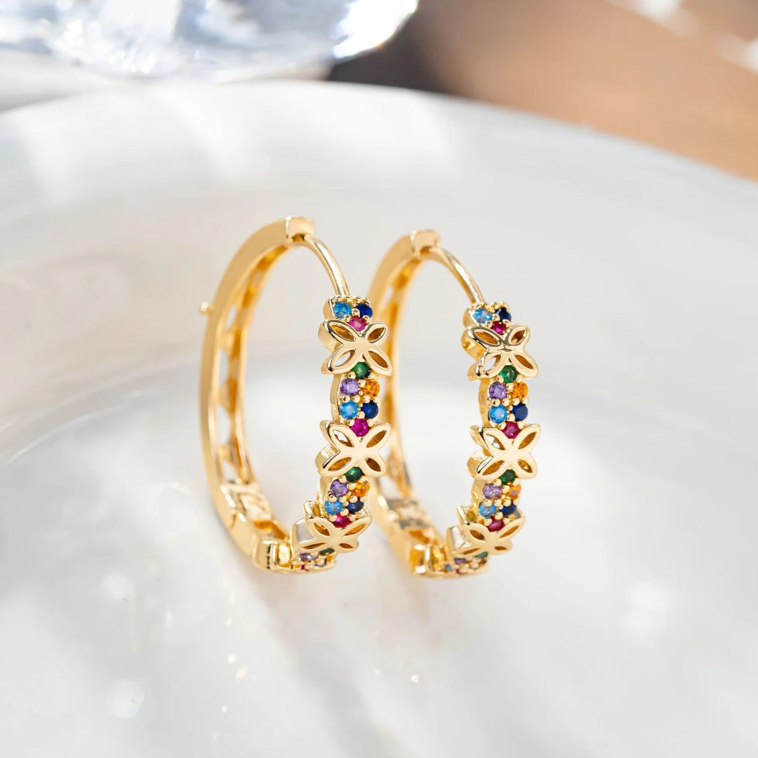 Statement Vrouwelijke Regenboog Bloem Zirkoon Steen Oorringen Luxe Glod Kleur Bruiloft Sieraden Voor Vrouwen