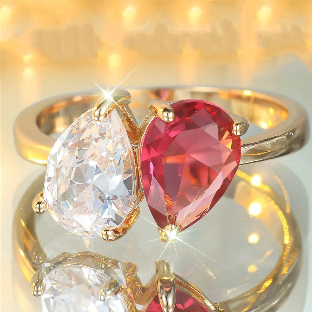 Leuke Vrouwelijke Rose Rood Blauw Zirkoon Ovale Stenen Ring Goud Kleur Engagement Charm Bruiloft Sieraden Voor Vrouwen