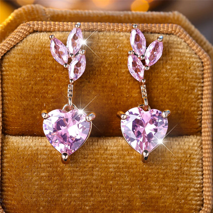 Bedel Vrouwelijke Roze Hart Boom Blad Zirkoon Steen Stud Oorbellen Goud Kleur Sierlijk Cadeau Bruiloft Sieraden Voor Vrouwen