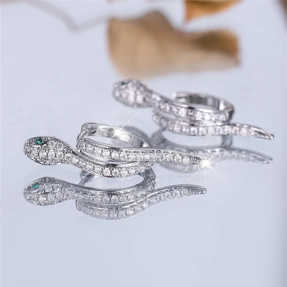 Leuke Vrouwelijke Kleine Wit Groen Zirkoon Steen Slang Dier Hoepel Oorbellen Mode Zilveren Kleur Bruiloft Sieraden Voor Vrouwen