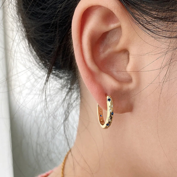 Crystal White Blue Zircon Stone Round Hoop Earrings For Women Fashion Female Yellow Gold Color Wedding Jewelry