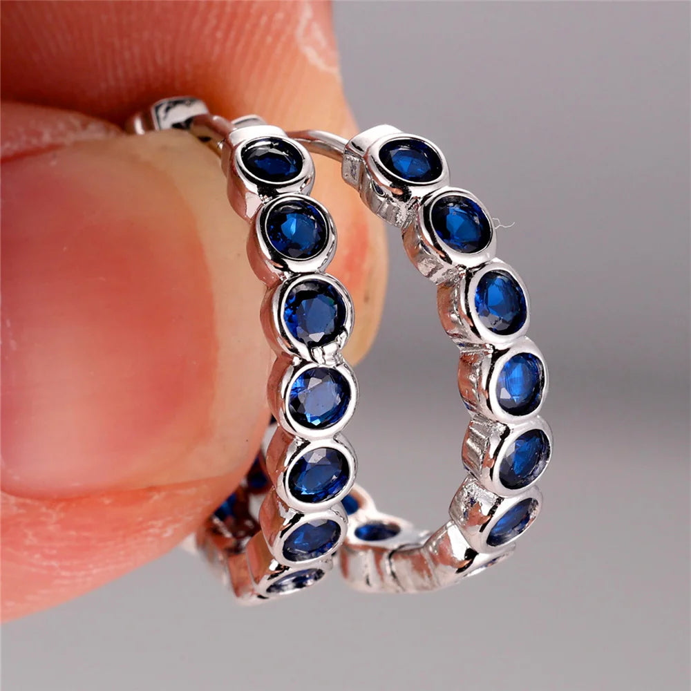 Kristal Groen Blauw Zwart Paars Ronde Zirkoon Steen Hoepel Oorbellen Voor Vrouwen Mode Vrouwelijke Zilveren Kleur Bruiloft Sieraden