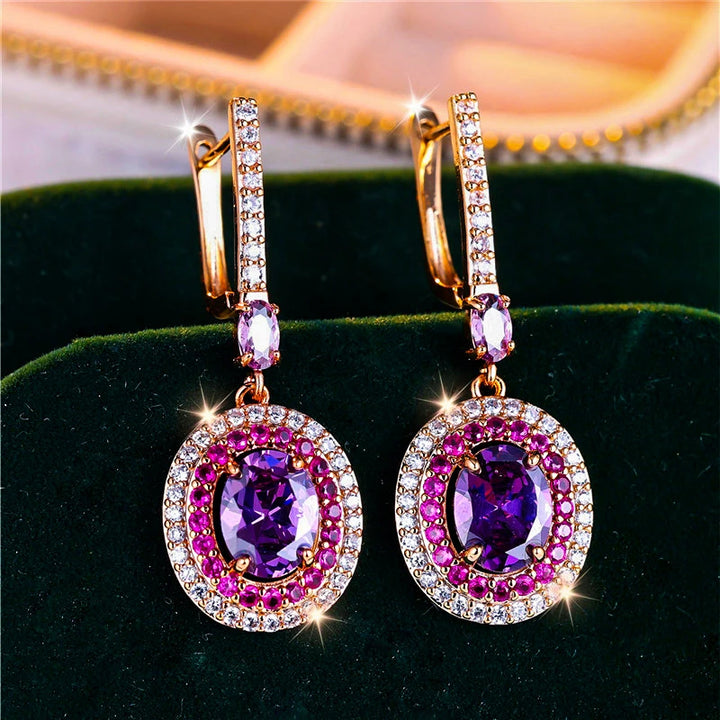 Luxe Vrouwelijke Rood Paars Ovale Zirkoon Steen Clip Oorbellen Charme Goud Kleur Bruiloft Sieraden Voor Vrouwen
