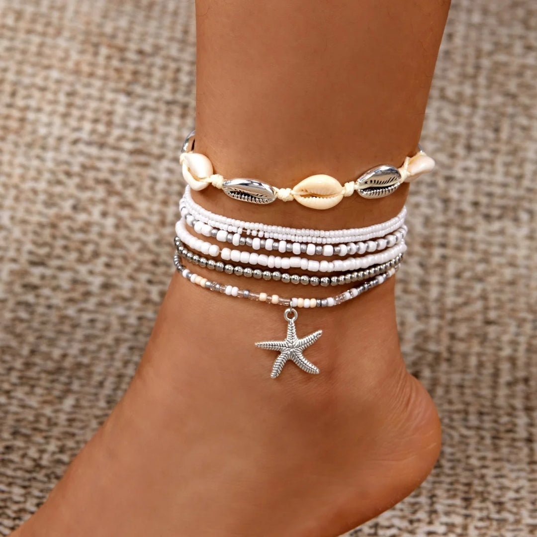 Mariselle | Starfish &amp; Shell Layered Anklet Set